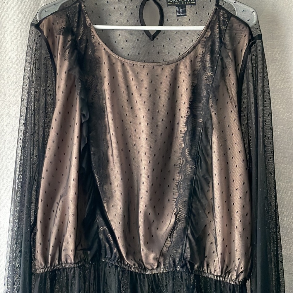 FOREVER 21+ Plus Sizes 3X Black Sheer Polkadot Lace Peplum Blouse